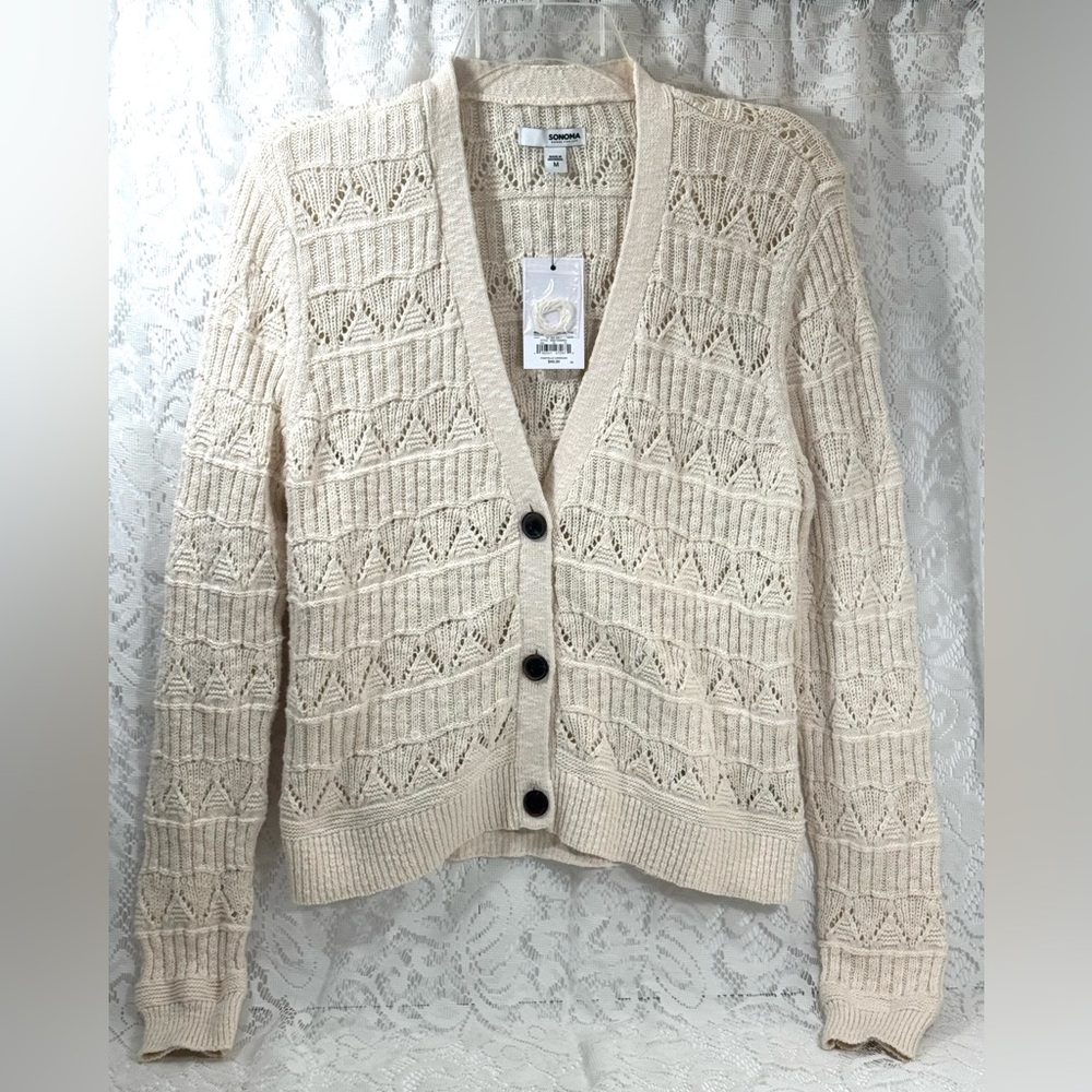 Sonoma Pointelle Cardigan Long sleeve Button front Sea Salt Ivory Women’s M